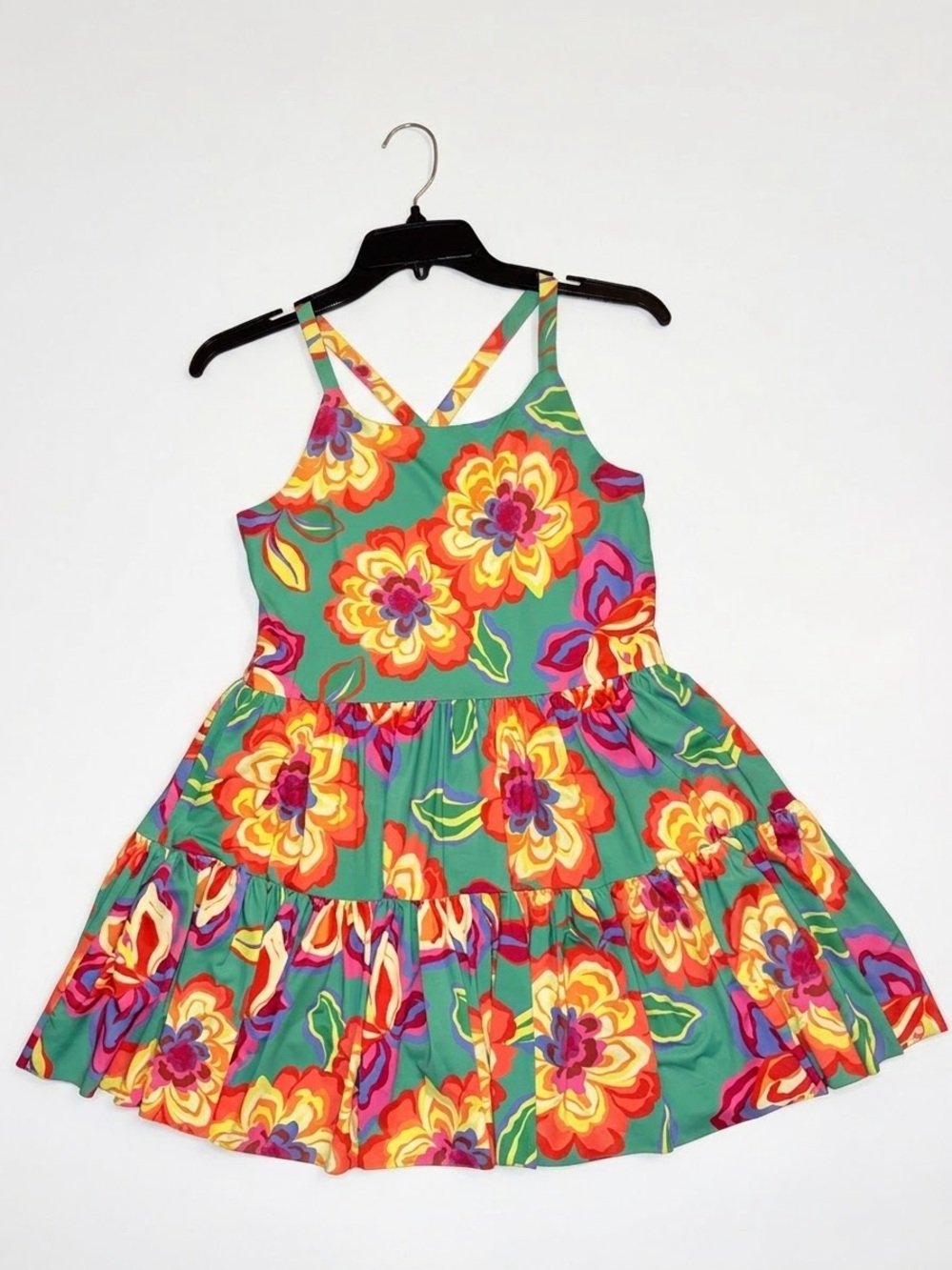 NWT gb GIRLS XL (16) Green Combo Floral Tiered Dress with Hidden Shorts
